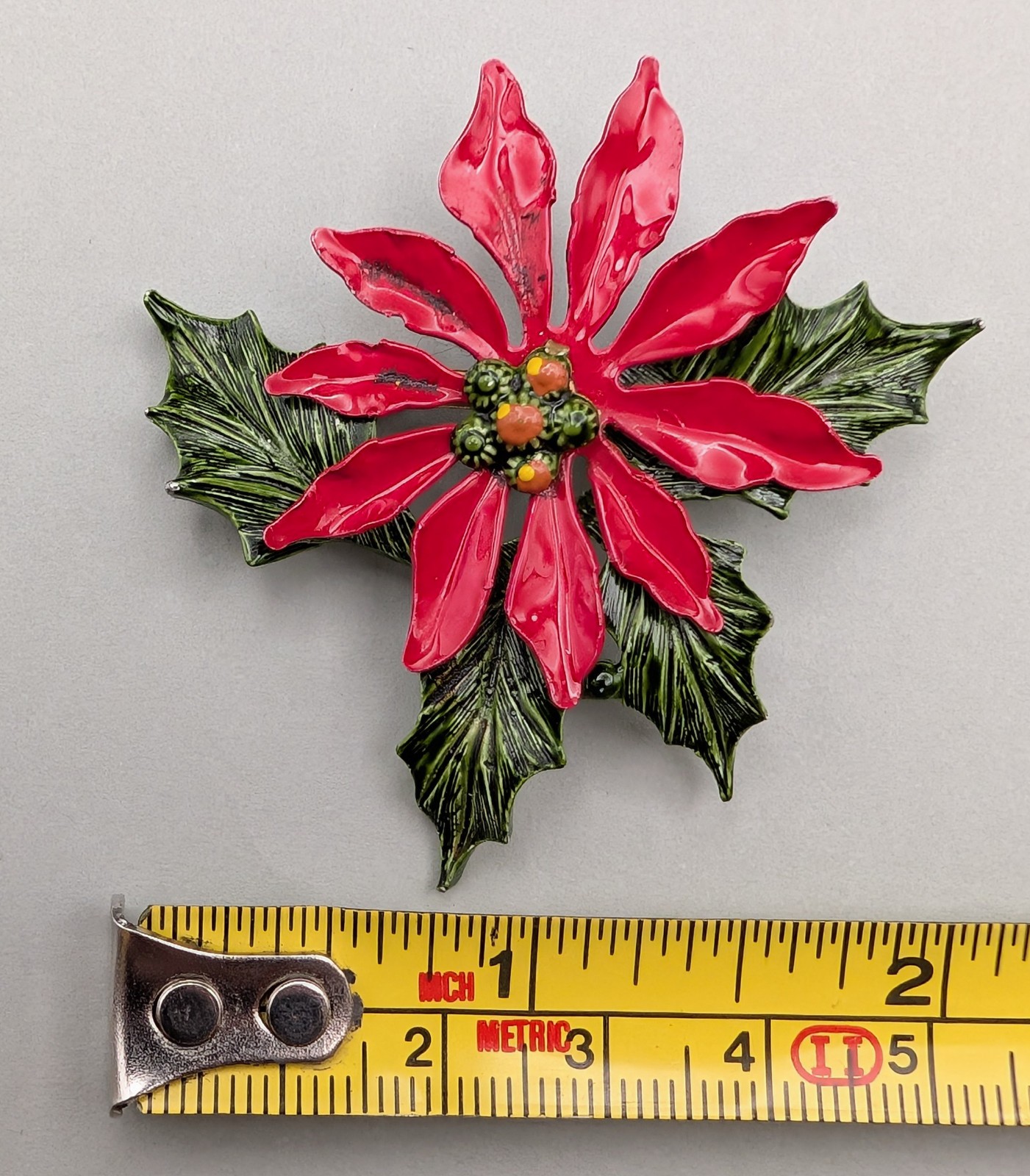 Vintage Red Enamel Poinsettia Brooch Green Holly Leaves Christmas Flower Pin