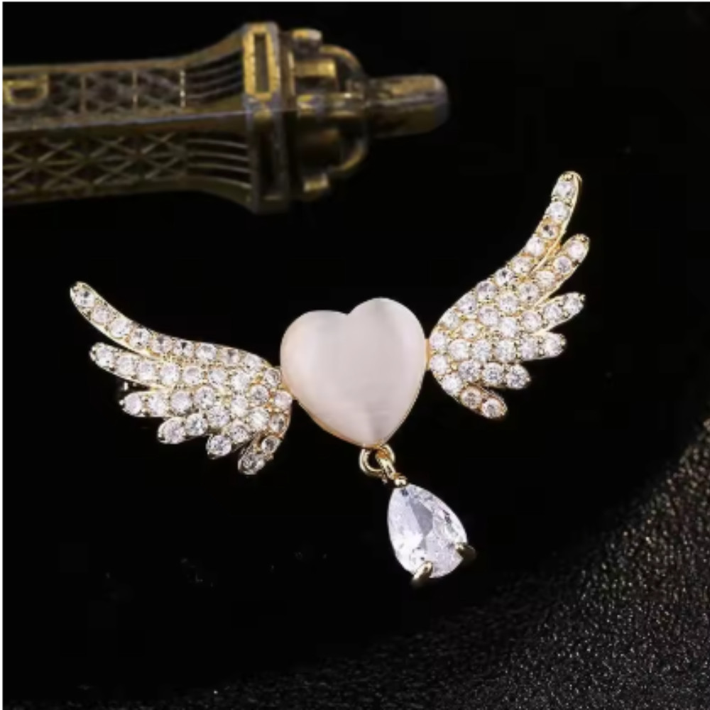 Art Deco Style Enamel Crystal Angel Wings White Heart Brooch Badge Pin Gift USA