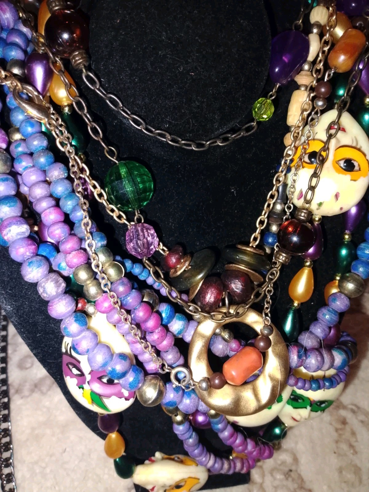 Multicolor Glass Plastic Beaded Layered Cable Chain Mask Charm Necklace