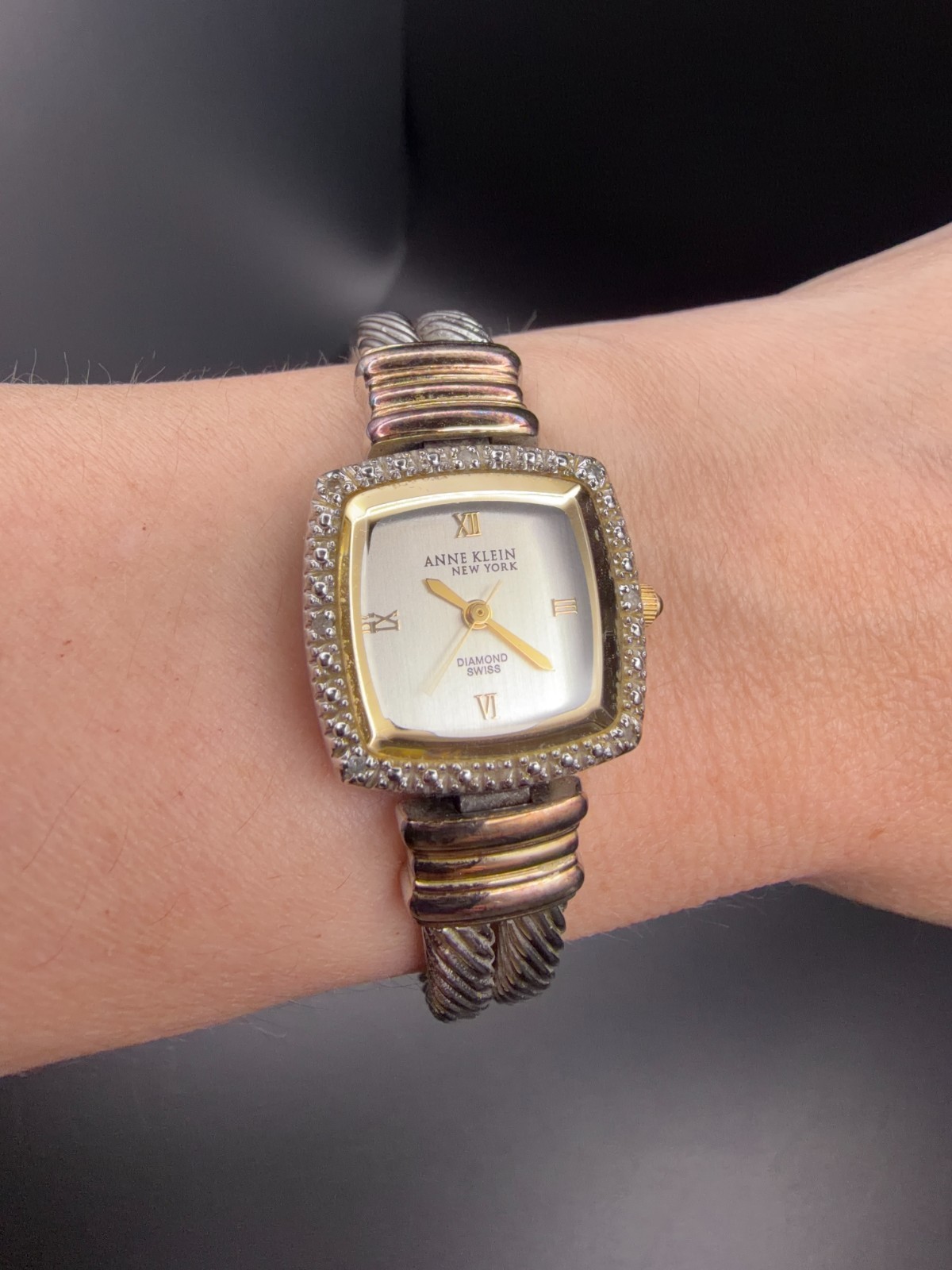 Anne Klein Diamond Swiss Quartz Women’s Watch Runs Stem Broken AS-IS