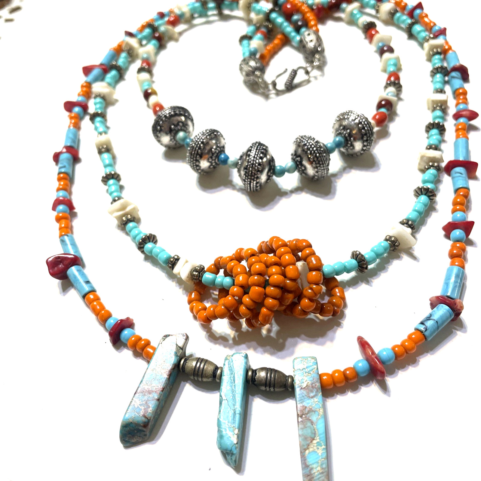 Southwestern Necklace Beaded Multiple Strand Glass Stone Metal