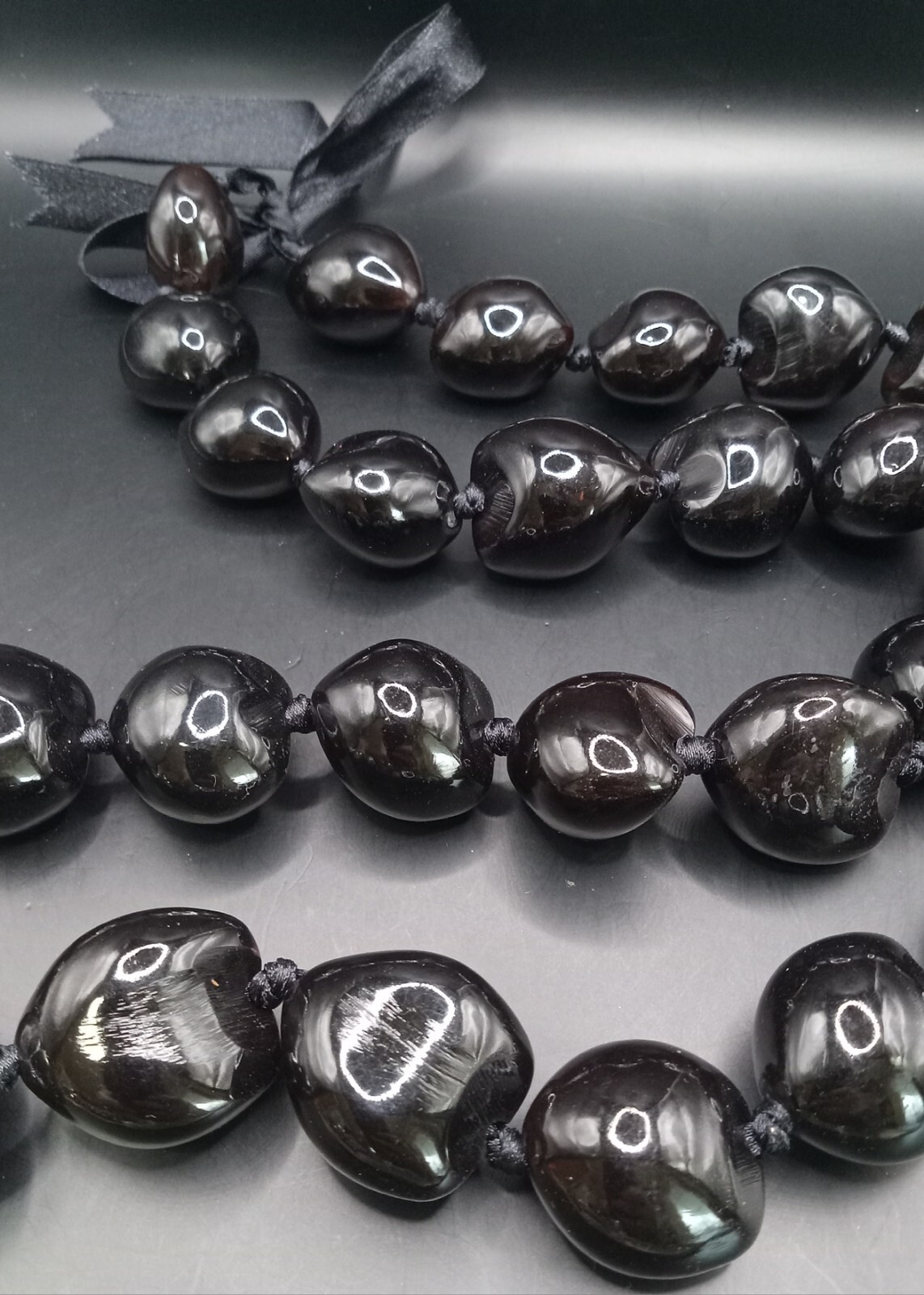 Large Knotted Black Acrylic Beaded Ribbon Statement Necklace 48″ #339