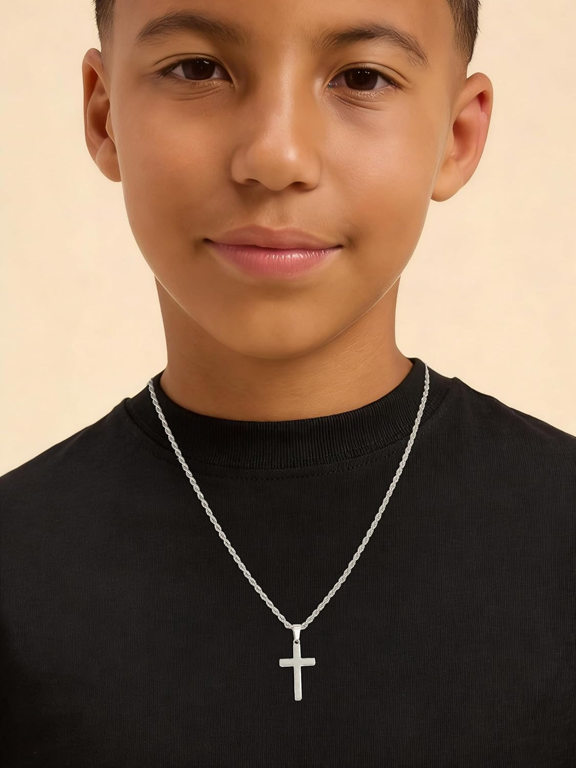 Cross Necklace for Boys Mens Stainless Steel Twisted Rope Chain Cross Pendant Ru