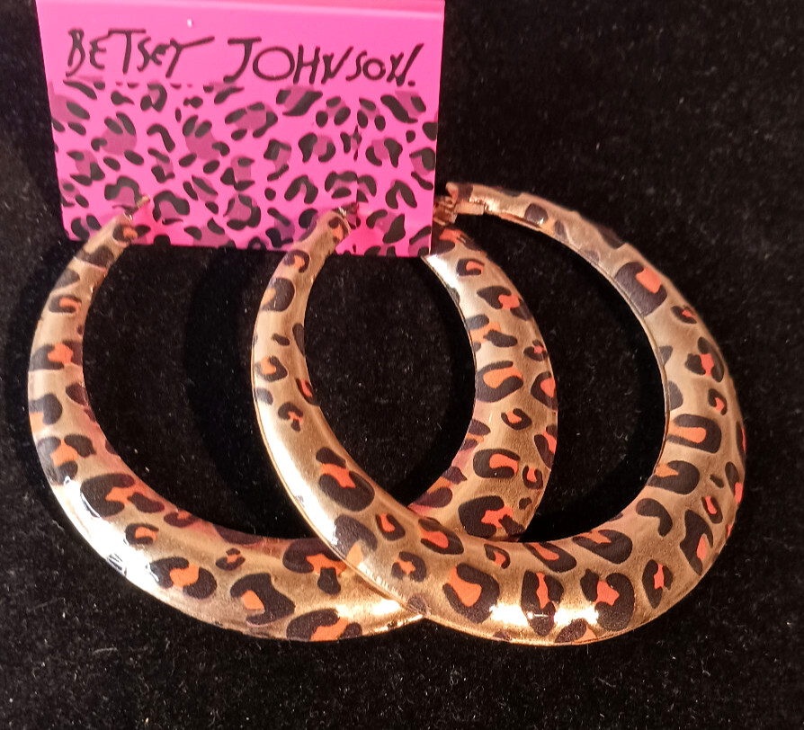 Big LEOPARD Animal Print HIP HOP Gold HOOP Leverback Betsey Johnson Earrings