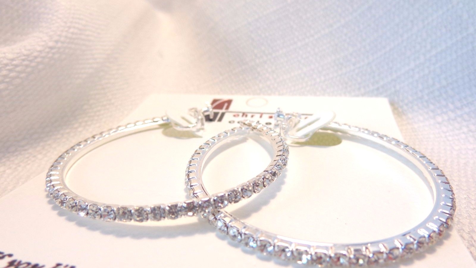 CLIP-ON EARRINGS 2.25 INCH HOOP CRYSTAL EARRINGS RHINESTONE SILVER OR GOLD TONE