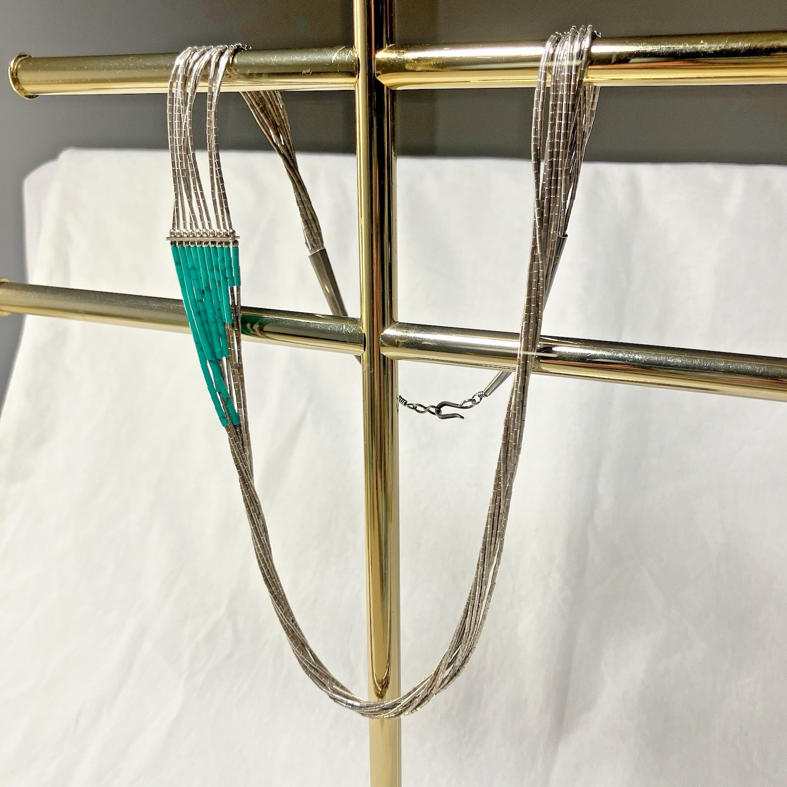 Vintage 10-Strand Liquid 925 Silver & beads with Turquoise heishi Necklace 12.5″