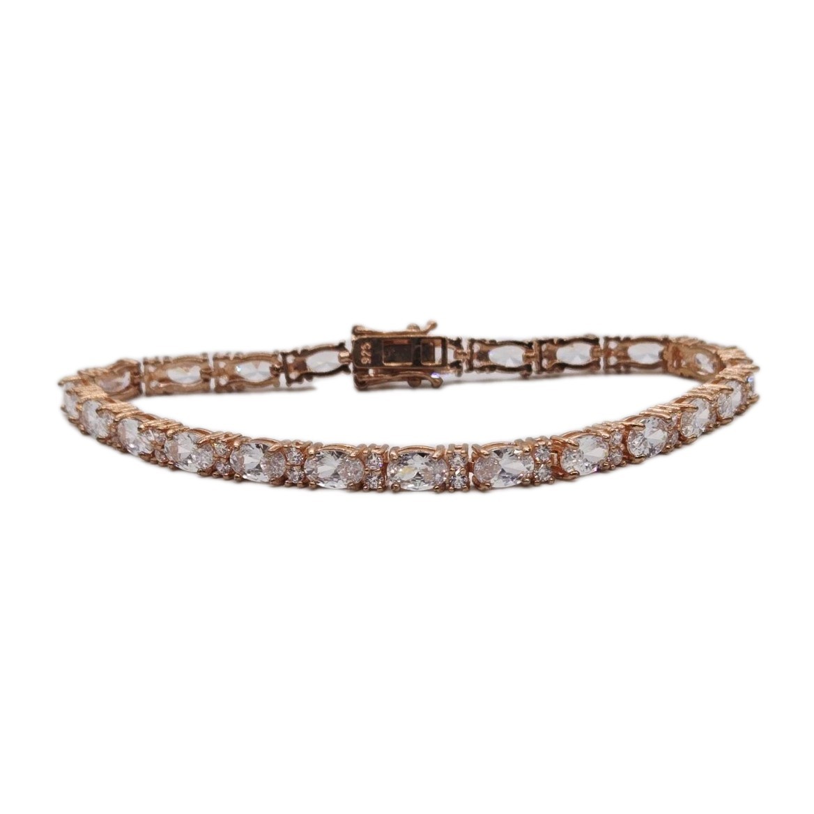 Tennis Bracelet White Oval Crystal rhinestone signed 925 Rose Gold tone 7.25 in
