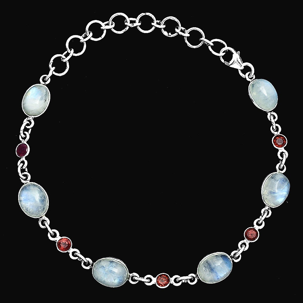 Premium Quality Rainbow Moonstone – India & Garnet 925 Silver Bracelet B-1006
