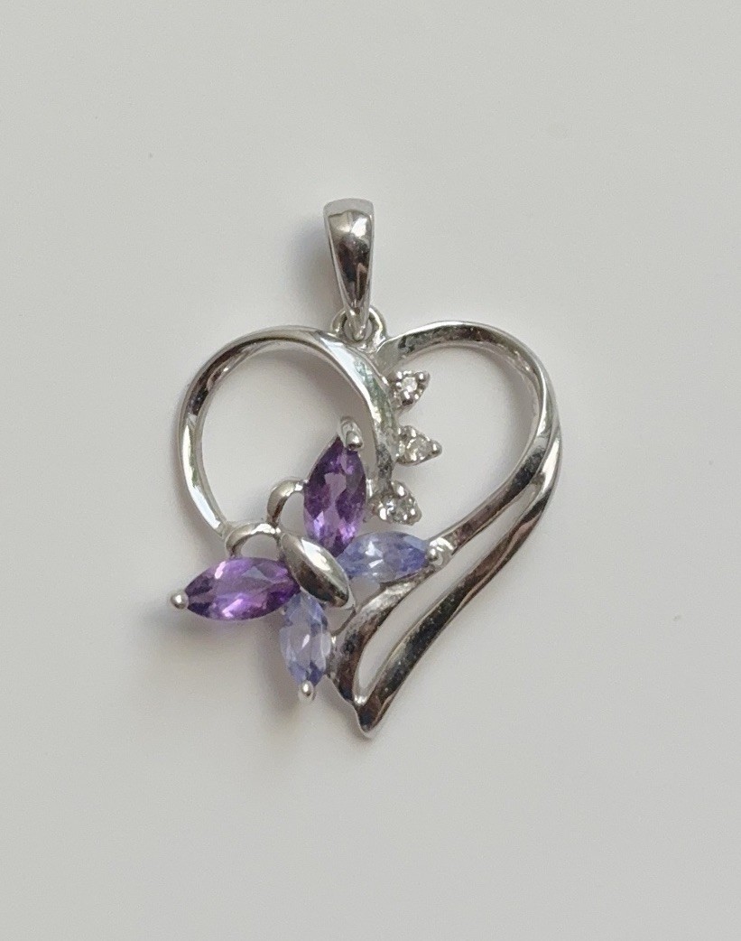 10k White Gold Diamond Tanzanite Amethyst Gemstone Butterfly Heart Pendant Charm