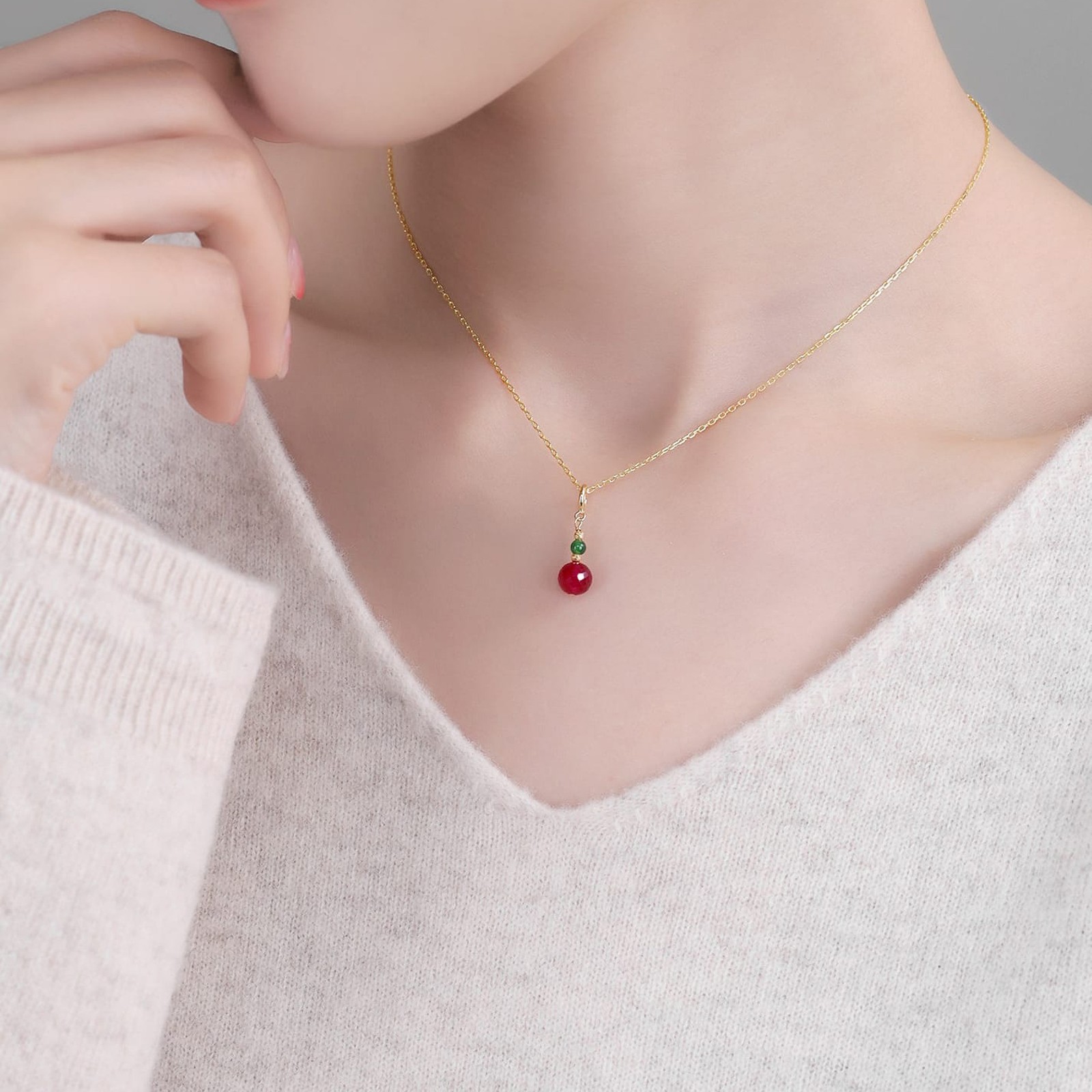 18K Gold Ruby Jadeite Pendant, Red & Green Charm Necklace, Fine Jewelry Gift