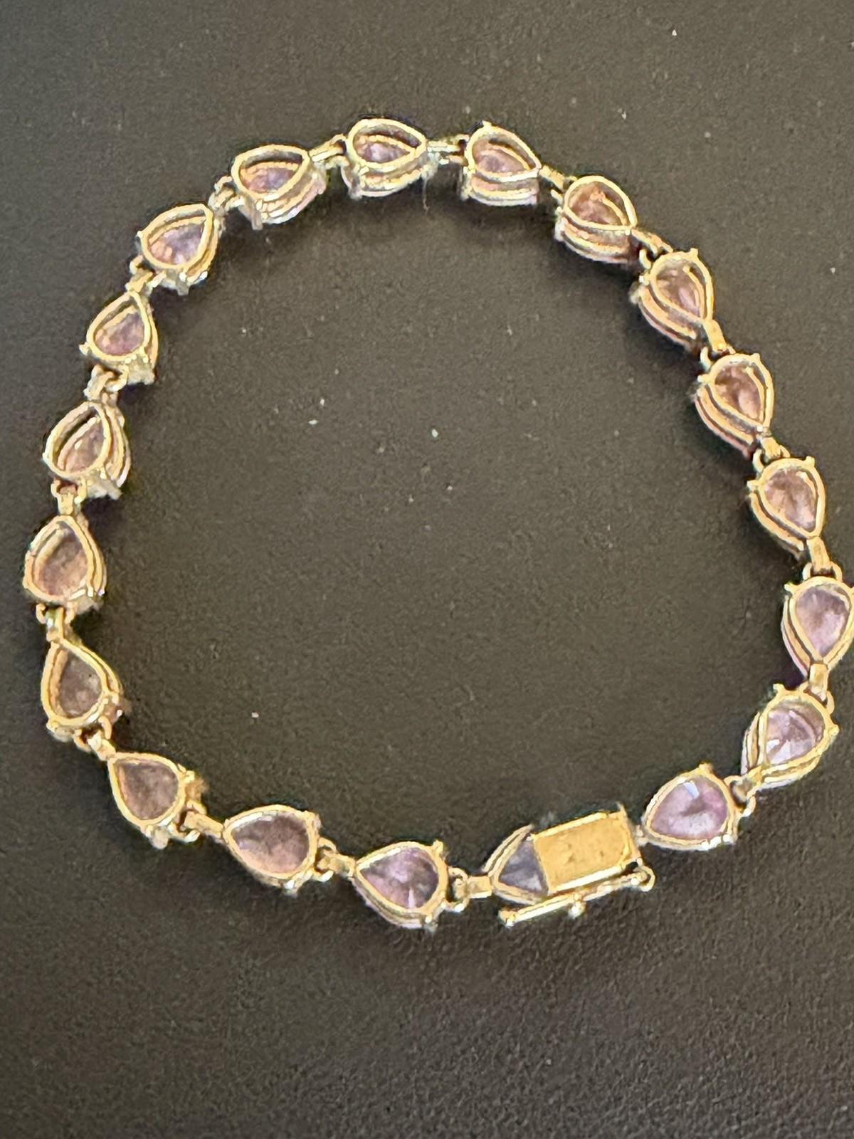10K Yellow Gold w/19 Pear Cut Pink Stones Tennis Bracelet 7 Inches 12.4 Grams