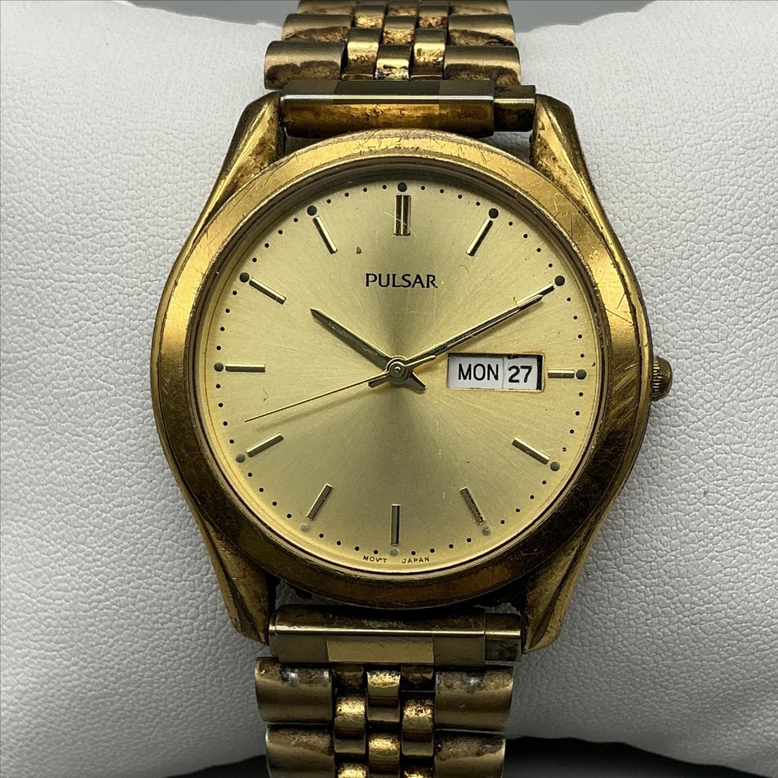 Vintage Pulsar Mens Watch 38mm Gold Tone Day Date V733-X061 New Battery 8″