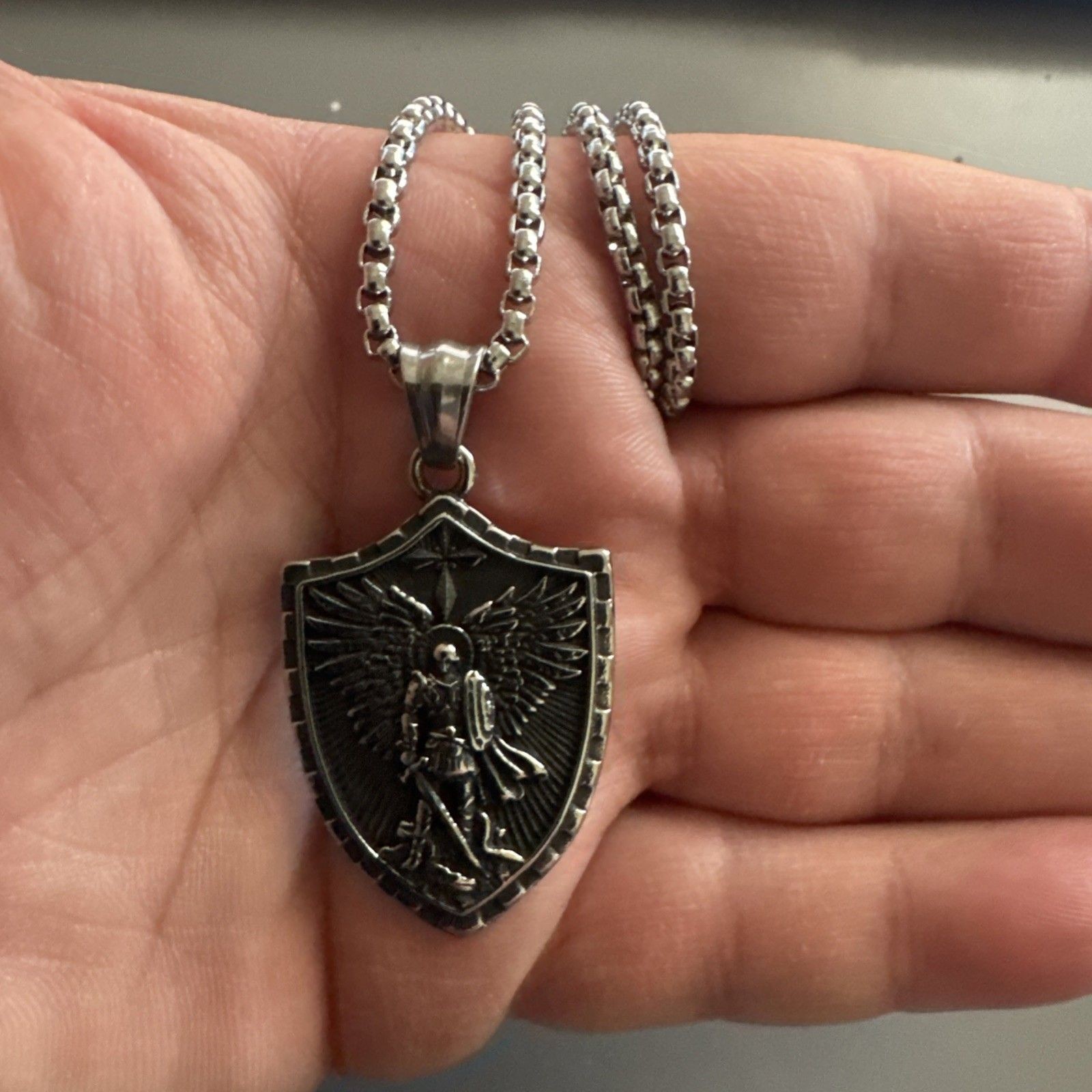 Cross Shield Viking Stainless Steel Pendant 24 Inch Box Chain Warrior Wings Gift
