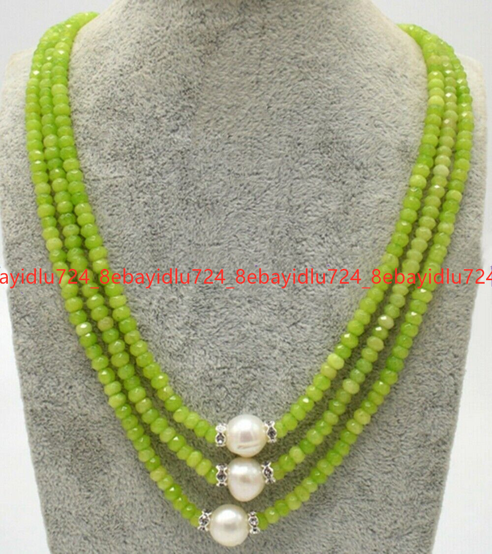 3 Rows Faceted 2x4mm Multicolor Gems & 8-9mm White Pearl Necklace 17-19 in