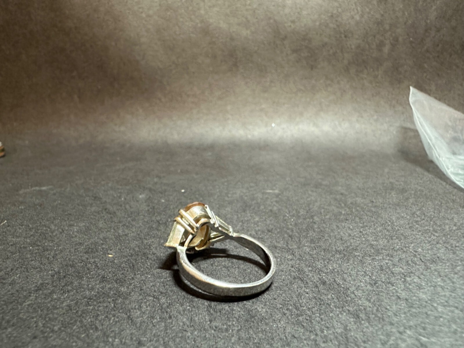 Faux Oval Yellow Citrine & Clear Trillion CZ Ring Size 9 Silvertone