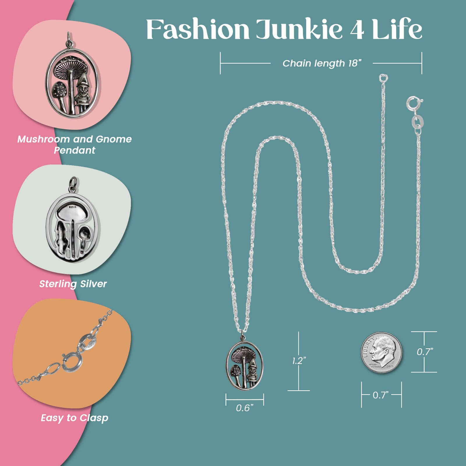 FashionJunkie4Life Mushroom and Gnome Pendant with 18″ Chain