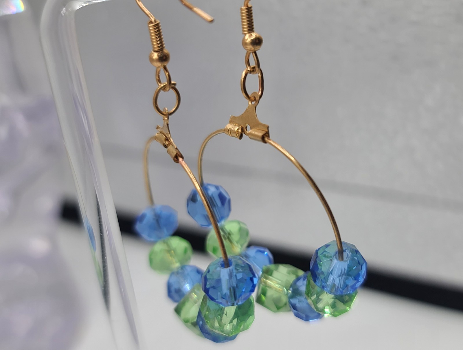 Handmade Glass Bead Hoop Earrings Blue Green Gold Tone Dangle Boho Lightweight