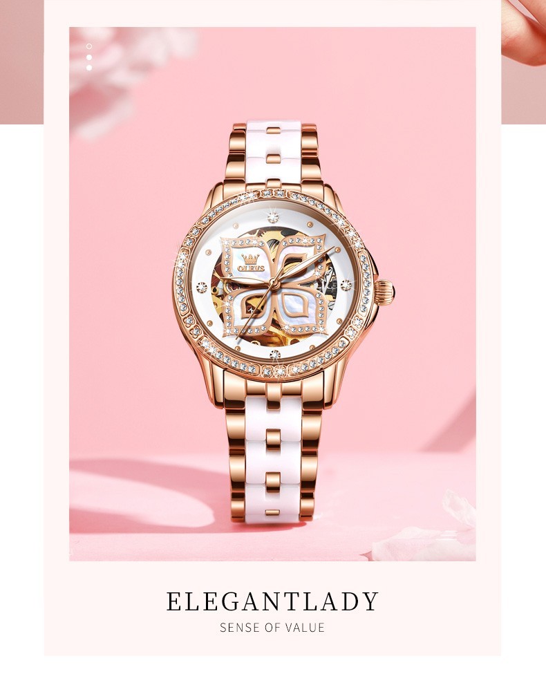 OLEVS 6612 Leather Ceramic Fashion Automatic Female Dress Mechanical Wristwatch