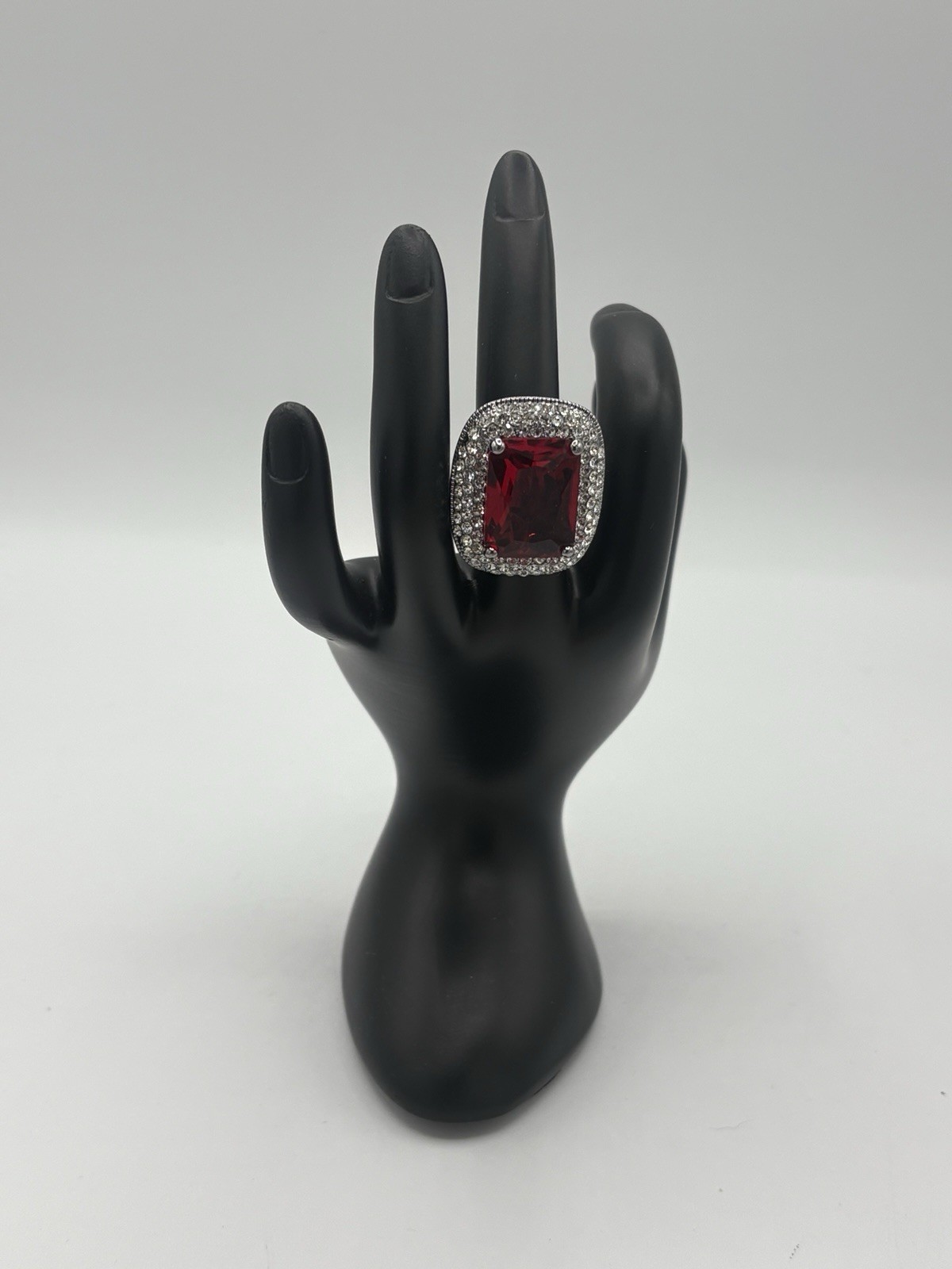 Classic Joan Boyce Ruby Red W/ White CZ Surround Rock Your Ring Size 6 EUC -1169
