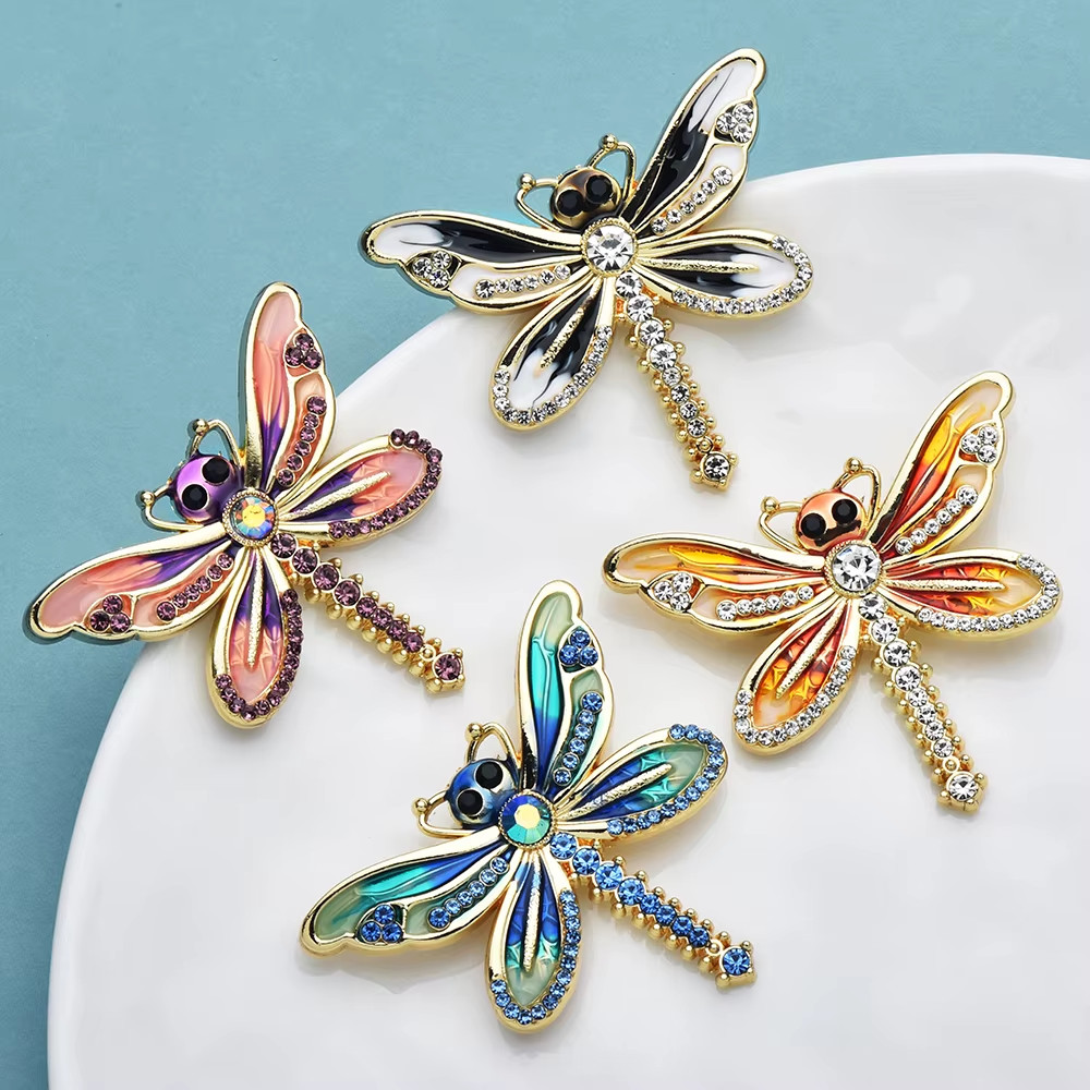 Blue Crystal Dragonfly Brooch Vintage Style Gold Insect Pin Summer Jewelry Gift