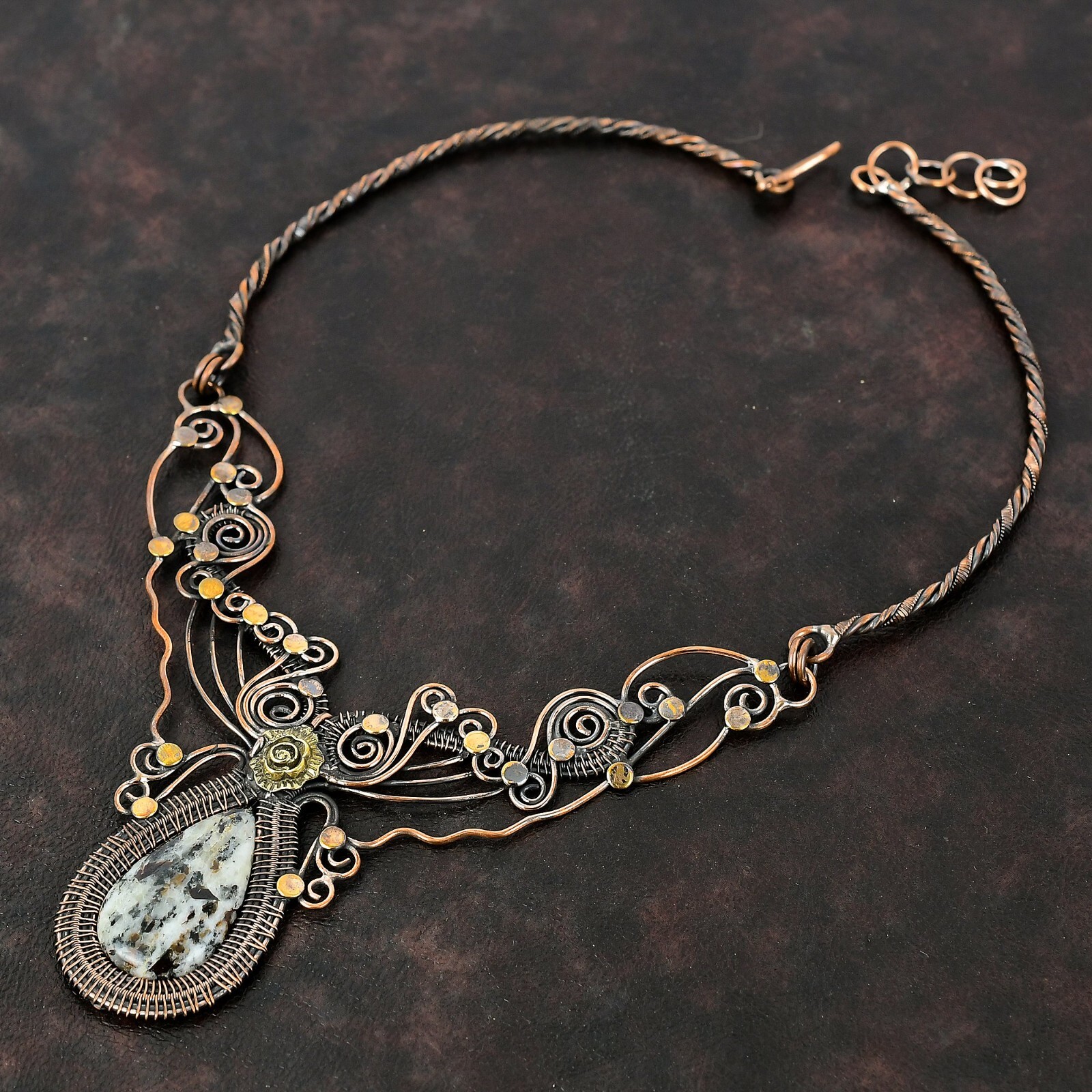 Gift For Her Copper Astrophyllite Wire Wrapped Flower Adjustable Necklace 18.0″
