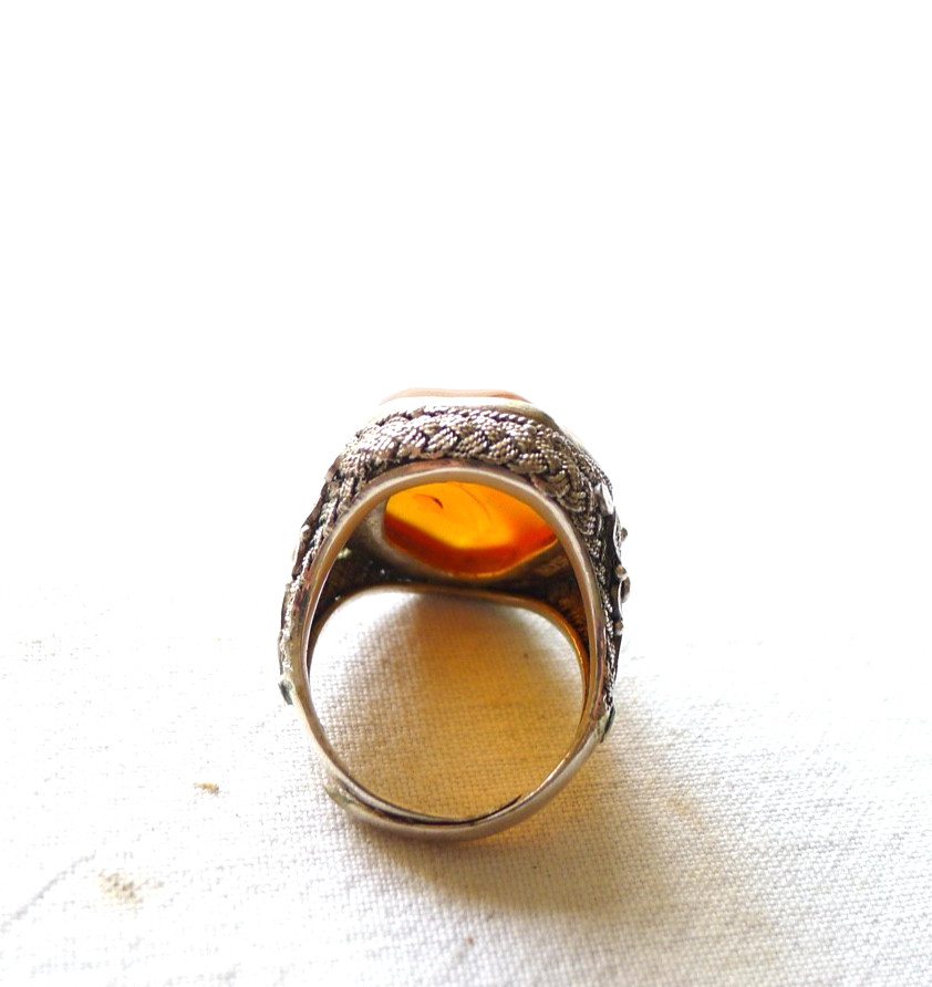 OLD CHINESE RING FILIGREE SILVER HARD STONE CHINA EXPORT VINTAGE CHINA