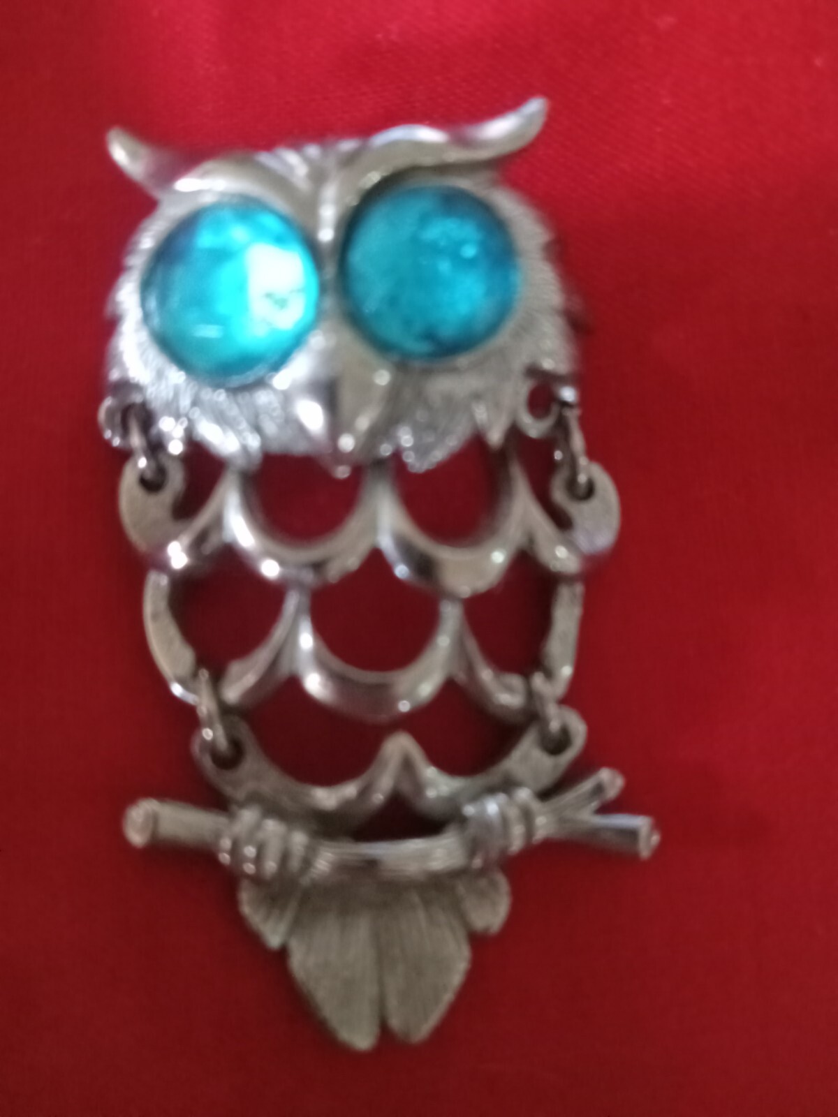 Owel On A Branch, Silvertone Teal Color Eyes, Pin/brooch,