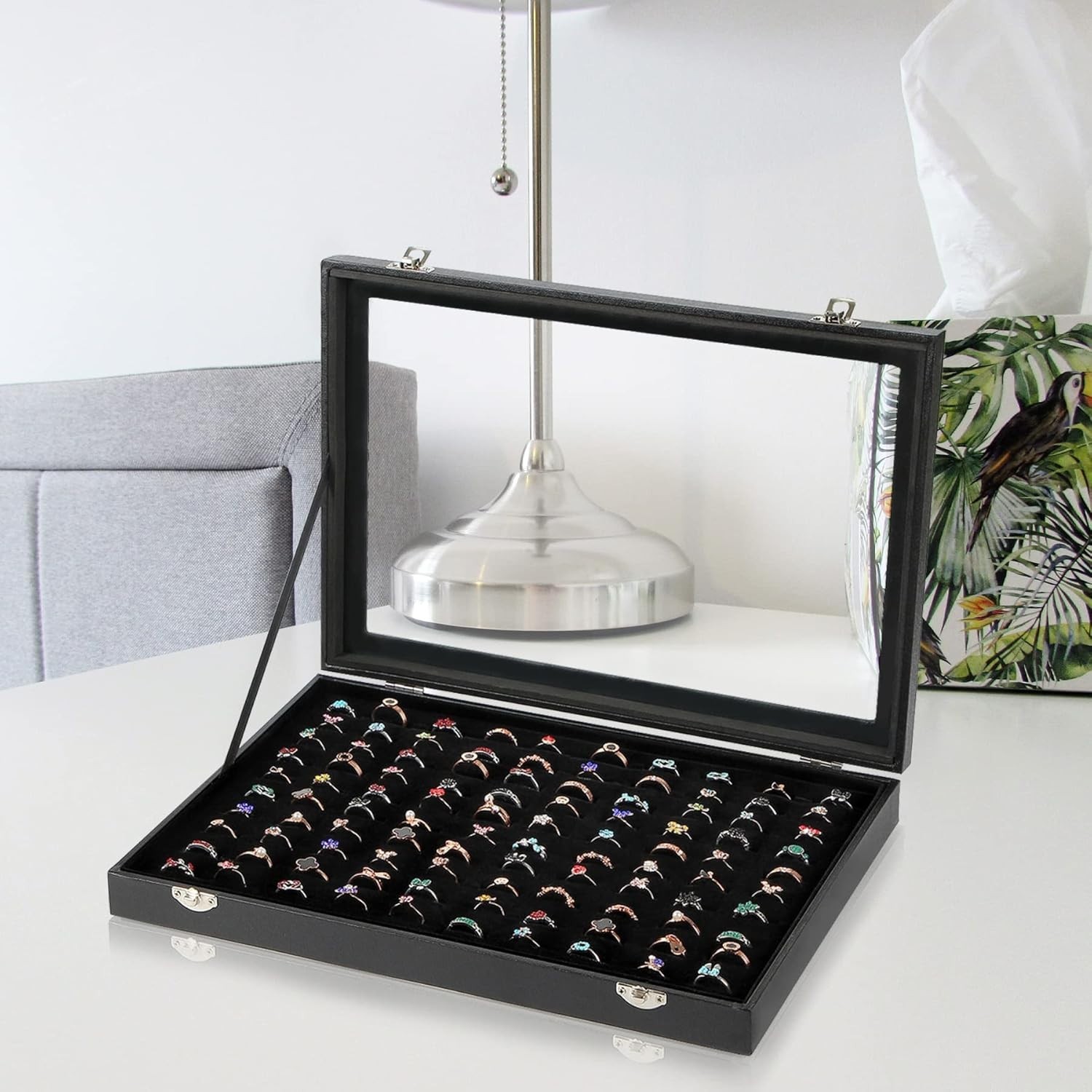 Elegant Black Ring Display Case with 100 Slots & Transparent Lid, 10×14 inches
