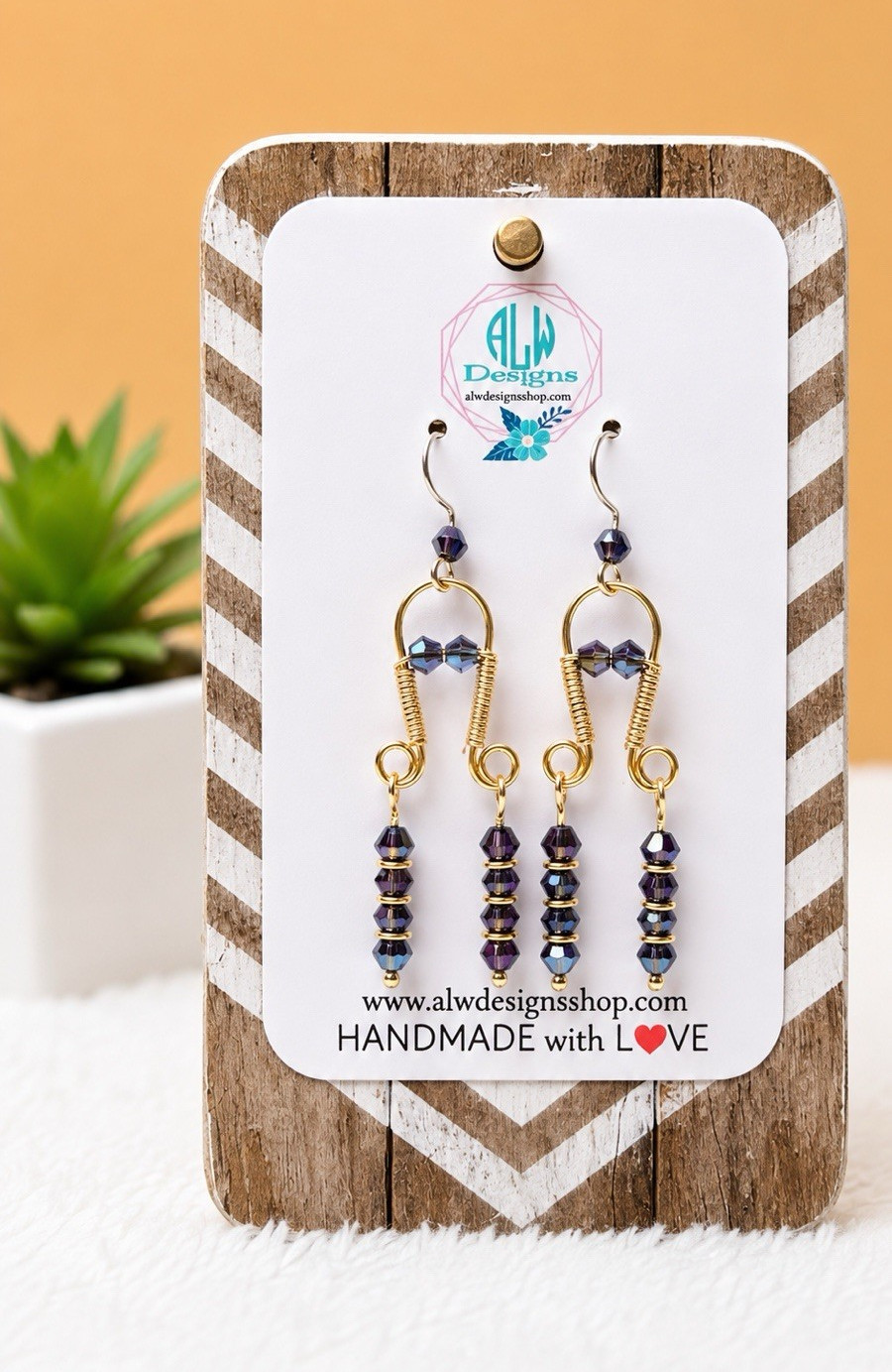 ALW Designs Handcrafted Gold Tone Dangle Hook Earrings Purple Blue Crystal