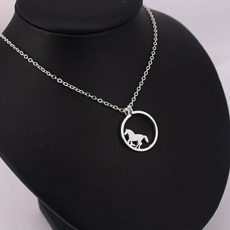 Silvery 3/4″ HORSE IN CIRCLE Pendant Necklace 16″ Chain (#35)