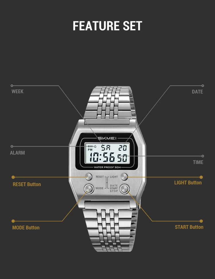 SKMEI 2460 Men’s Sports Waterproof Digital Watch Stainless Steel Luxury Retro LE