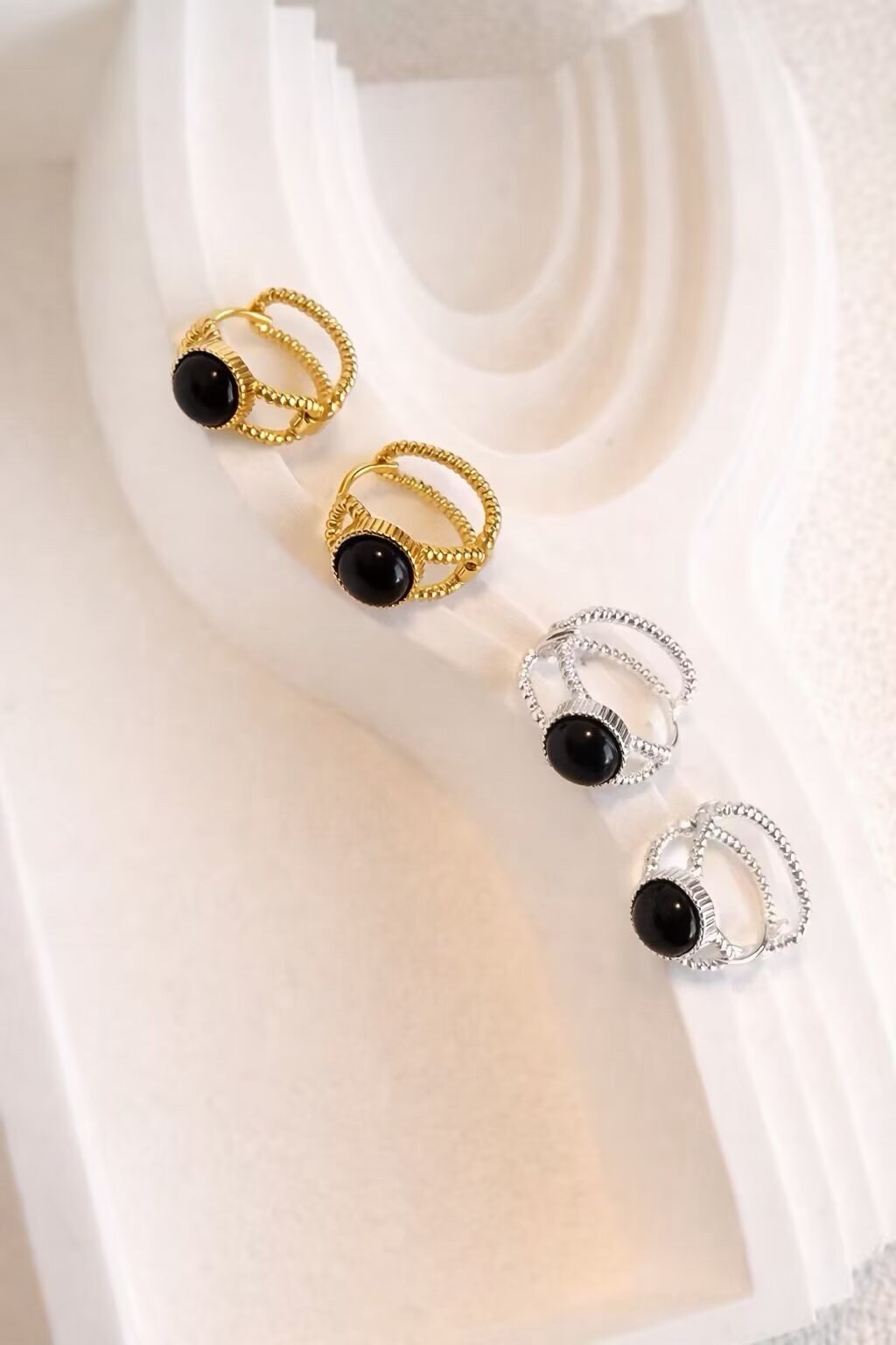 Black Onyx Huggie Earrings,Gold or Silver,Dainty Black Stone Earrings for women