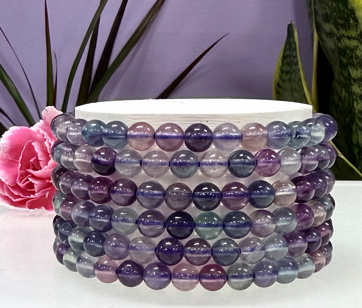 Wholesale 6 Pcs Natural Rainbow Fluorite 6mm 7.5” Crystal Stretch Bracelet