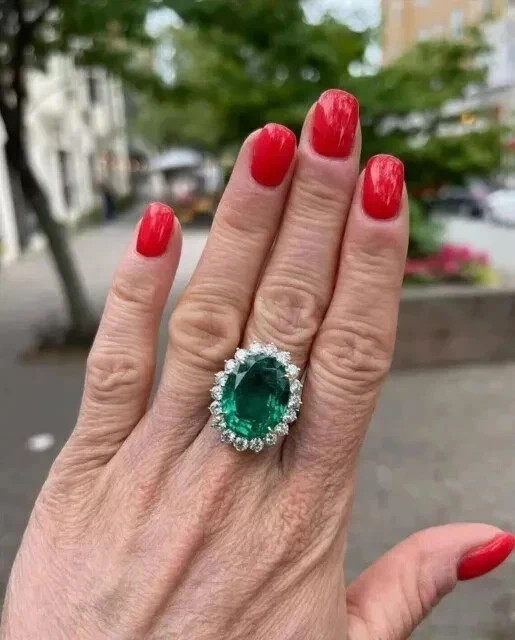 7.20Ct Oval Cut Natural Emerald & Diamond Solid 14K White Gold Engagement Ring