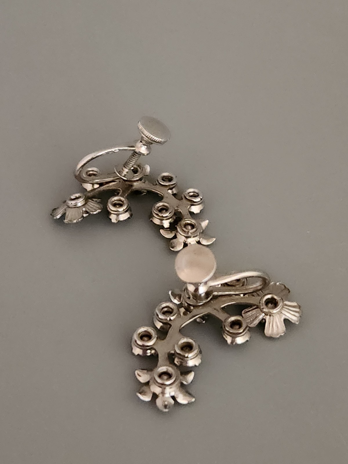 Vintage Flower Rhinestone Climber Earrings Screw Back Mid-Century Statement