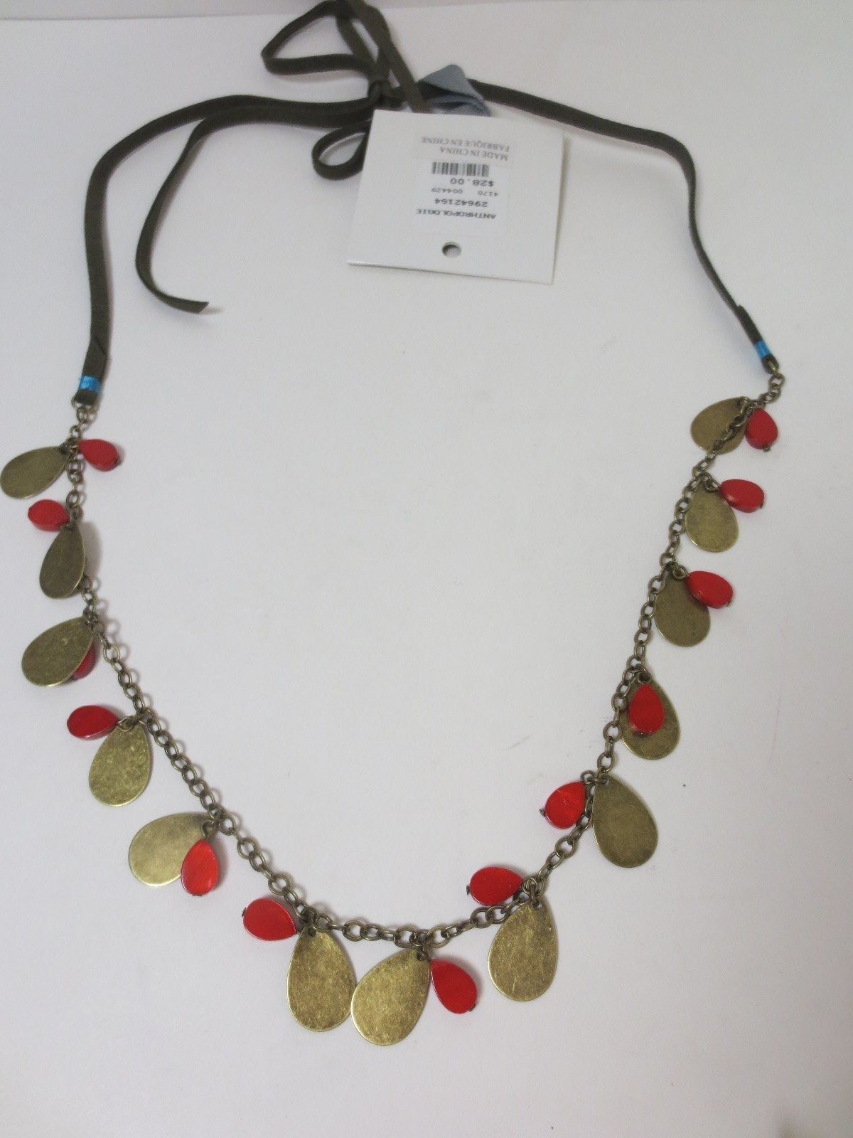 Anthropologie Brown Rope Brass Red bead Turq Charm Tie Necklace NWT $28