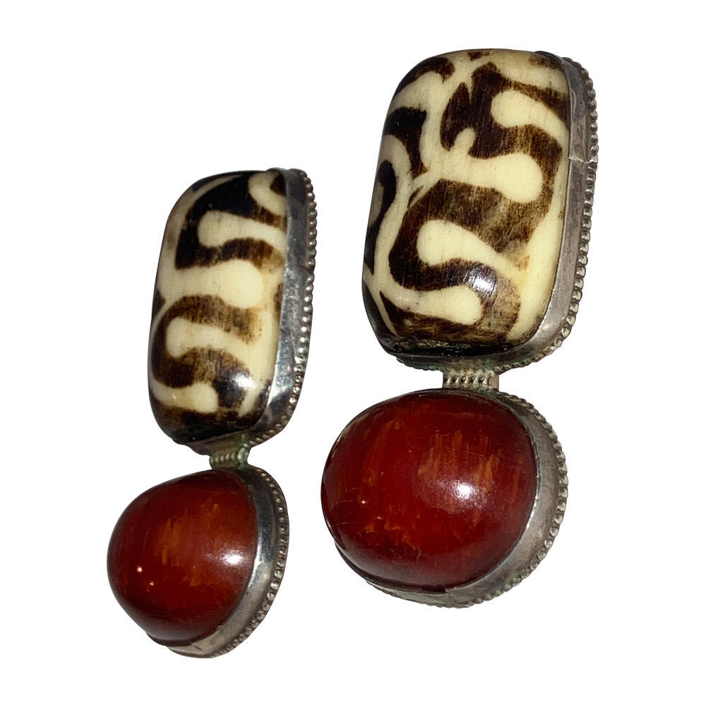 Sterling Dyed Water Buffalo Bone Cherry Amber Earrings