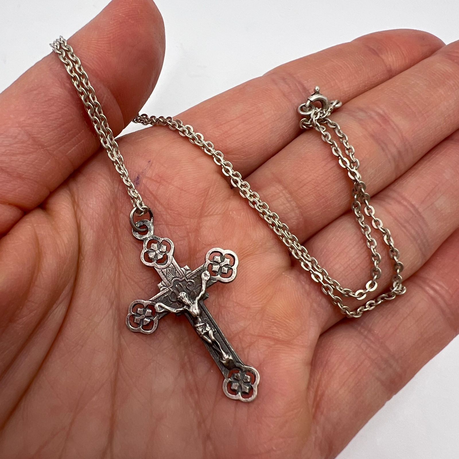 Vintage French 800 Silver Crucifix Cross Pendant w/ Chain Marked 38cm Religious