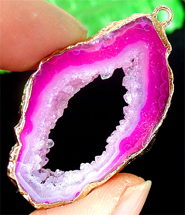 41x25x5mm Electroplated Gilt Edged Rose Geode Agate Slab/slice Pendant ZL5659