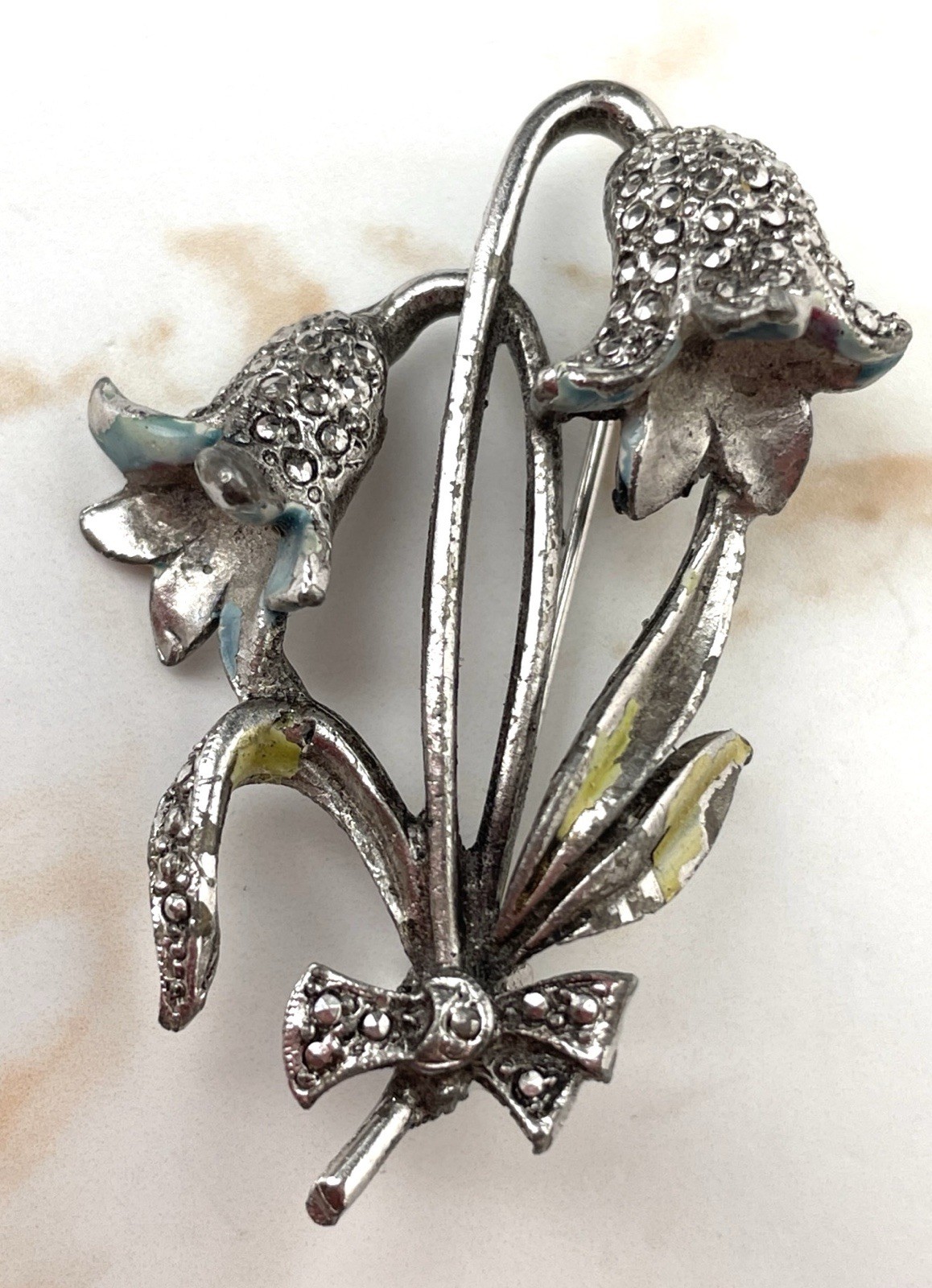 Vintage Marcasite Silver Toned Metal And Enamel Bluebell Flower Brooch – Read