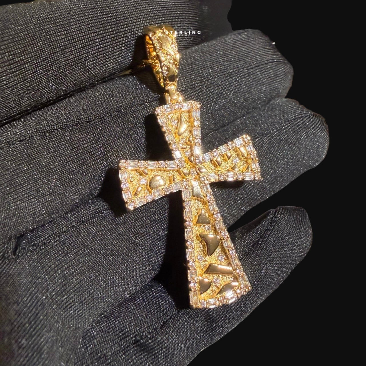 Iced Out Gold Nugget Cross Pendant 14k Gold Plated CZ Men Religious + Rope Chain