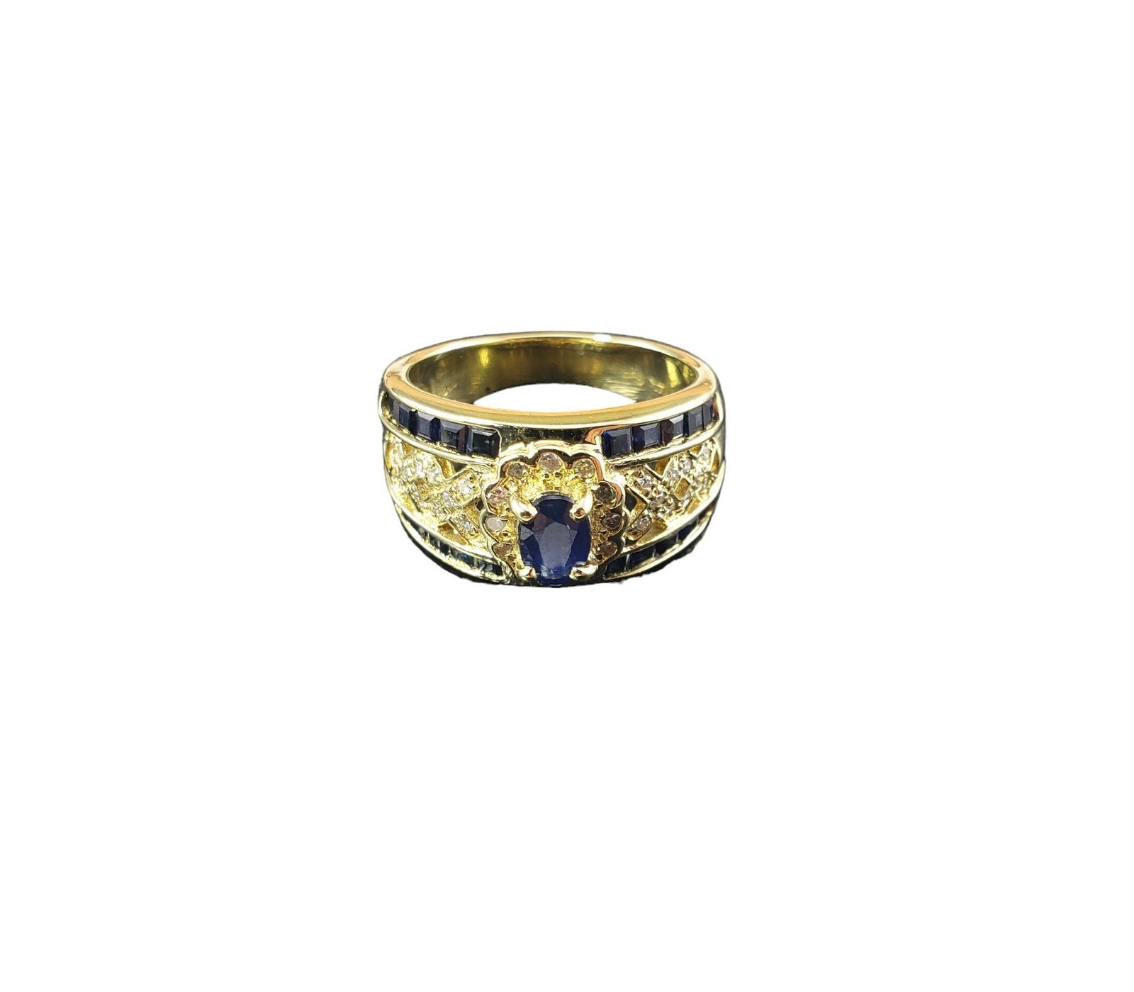 14 Karat Yellow Gold Natural Sapphire and Diamond Ring Size 6.75 #24901
