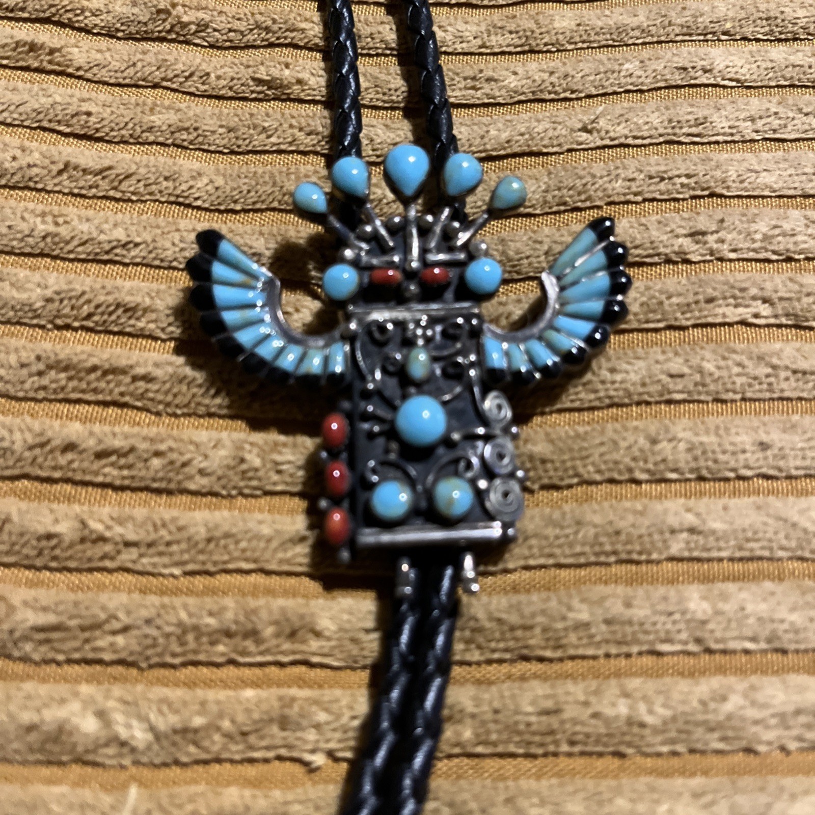 Vintage Southwestern Sterling Silver Kachina Bolo Tie – Turquoise & Coral – 40g