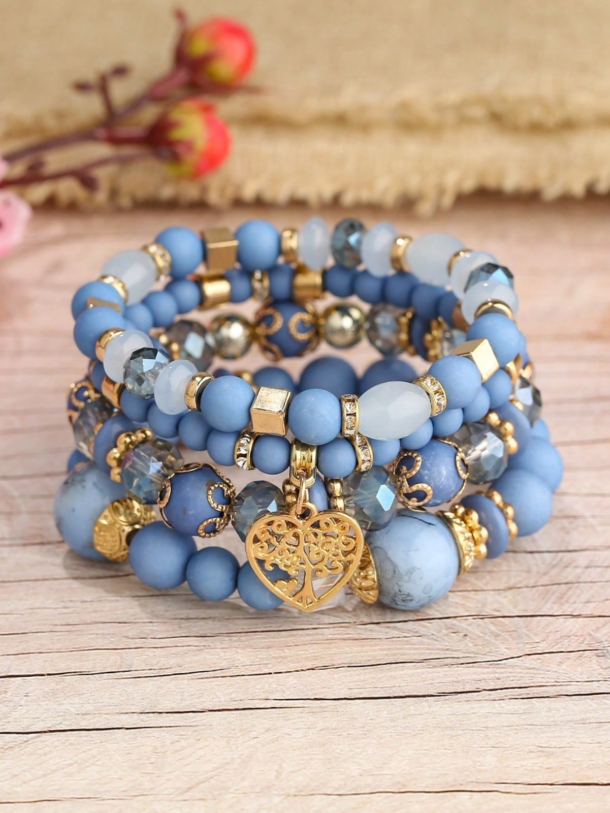 4Pcs Boho Blue Beaded Stretch Bracelet Set Crystal Heart Tree of Life Women