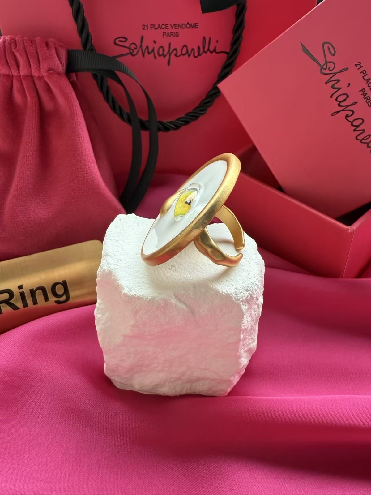 enamel white demon eye shaped open ring W jewelry dust bag