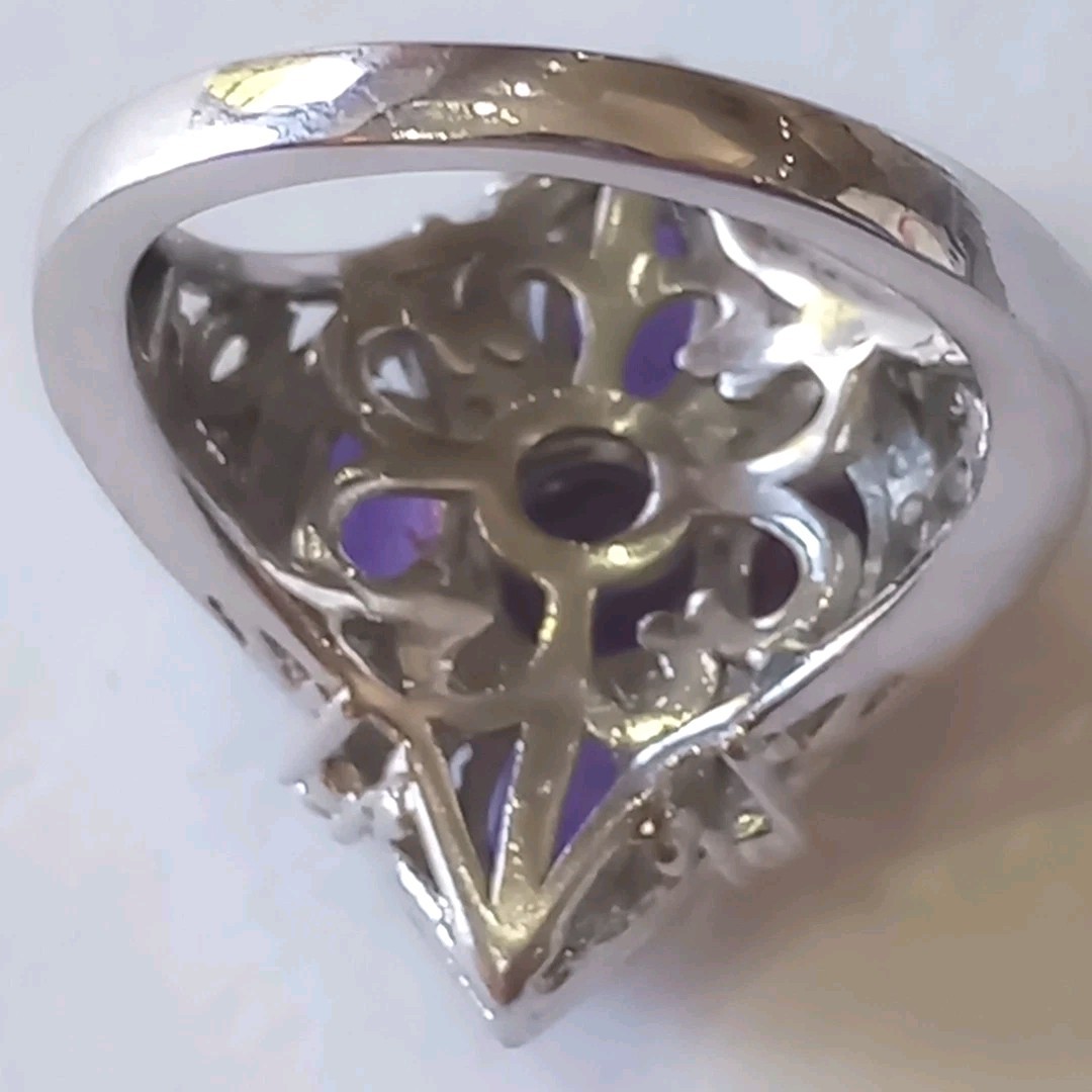 Vintage STS Karis Gothic Cross Amethyst Ring,Silver Tone Cocktail Ring Size 6.5