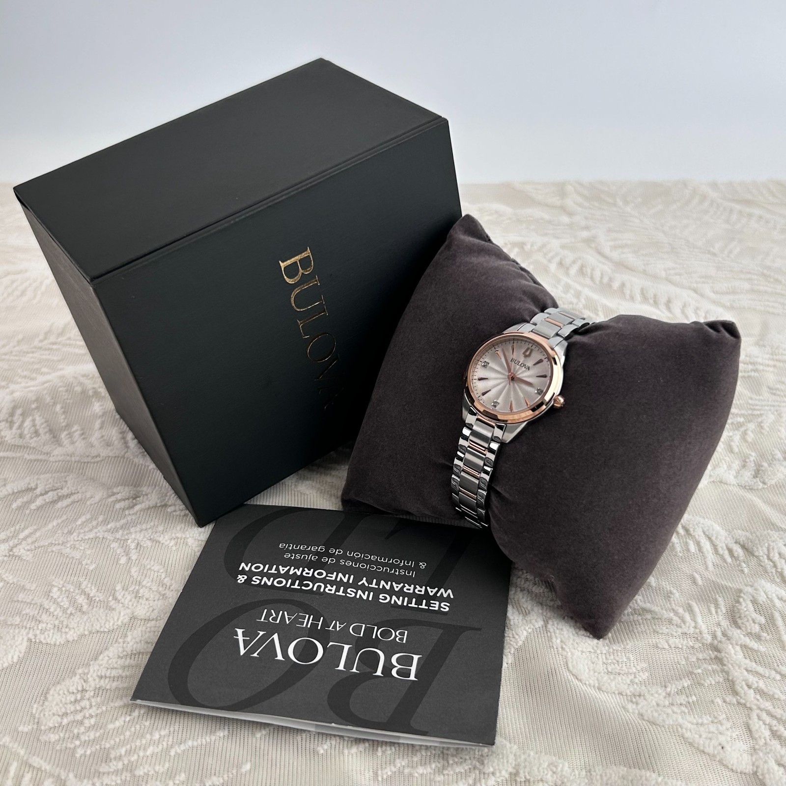 Bulova Sutton Diamond White/Rose Gold Dial 98P200 Women’s Quartz Watch 28MM