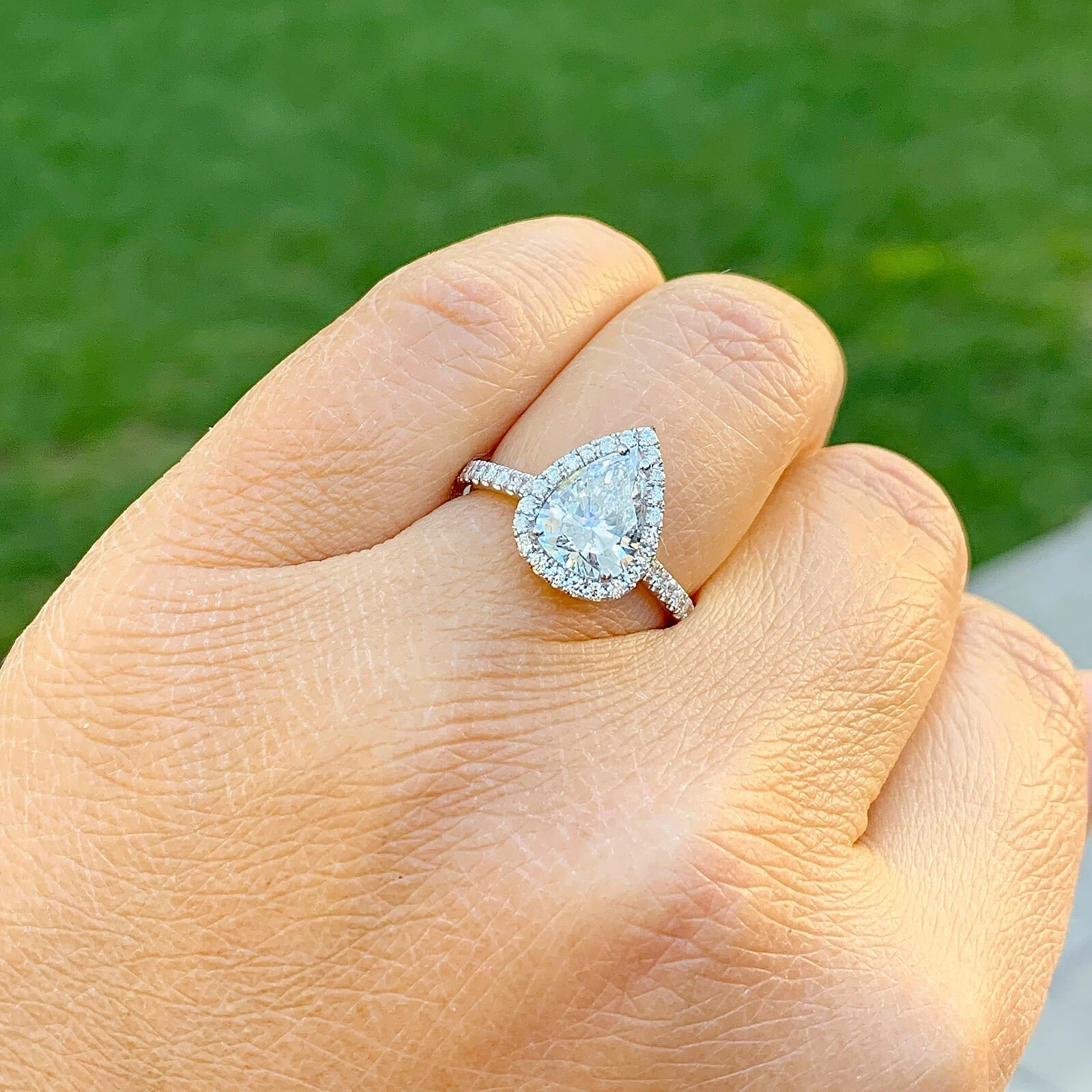 Certified Natural 2ct F/VS1 Pear White Diamond Solid 14K White Gold Wedding Ring
