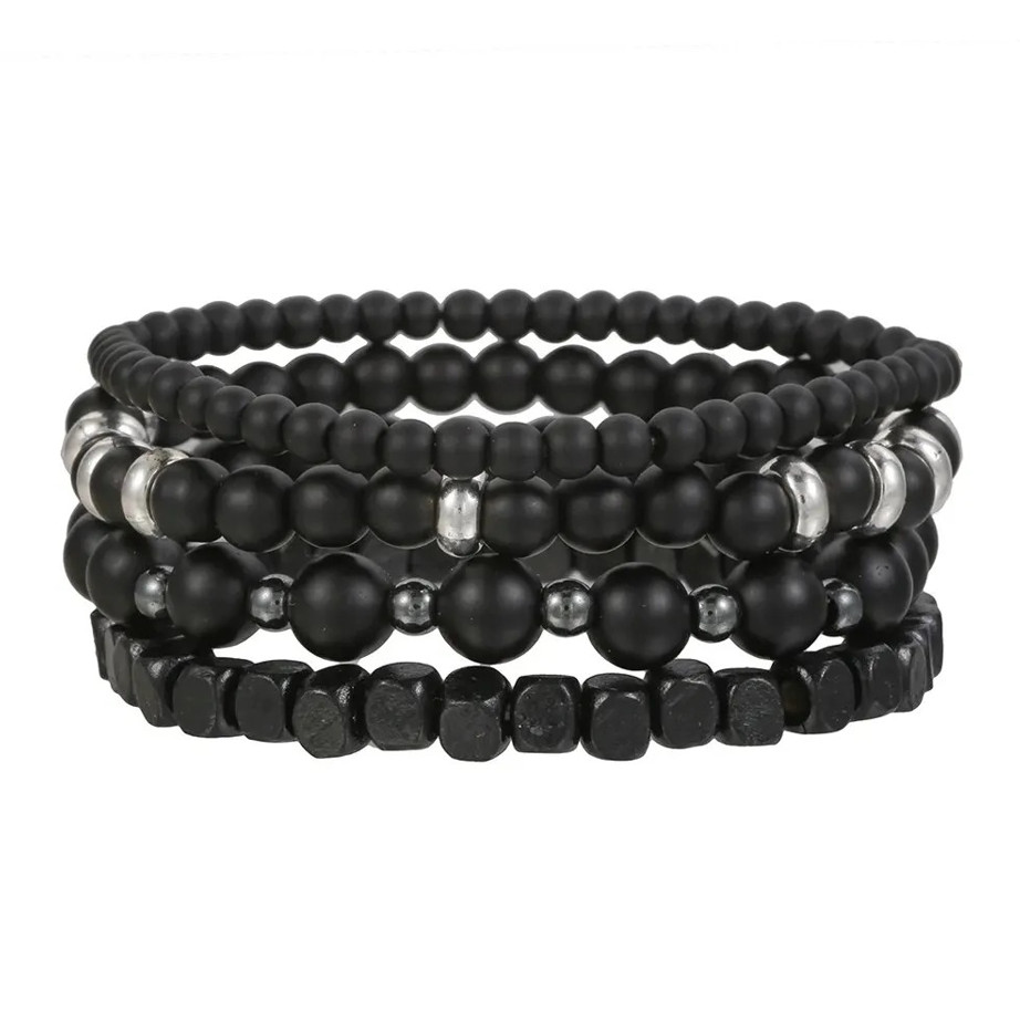 4pcs Black Stone & Wood Bead Elastic Bracelet Set for Men Women NEW