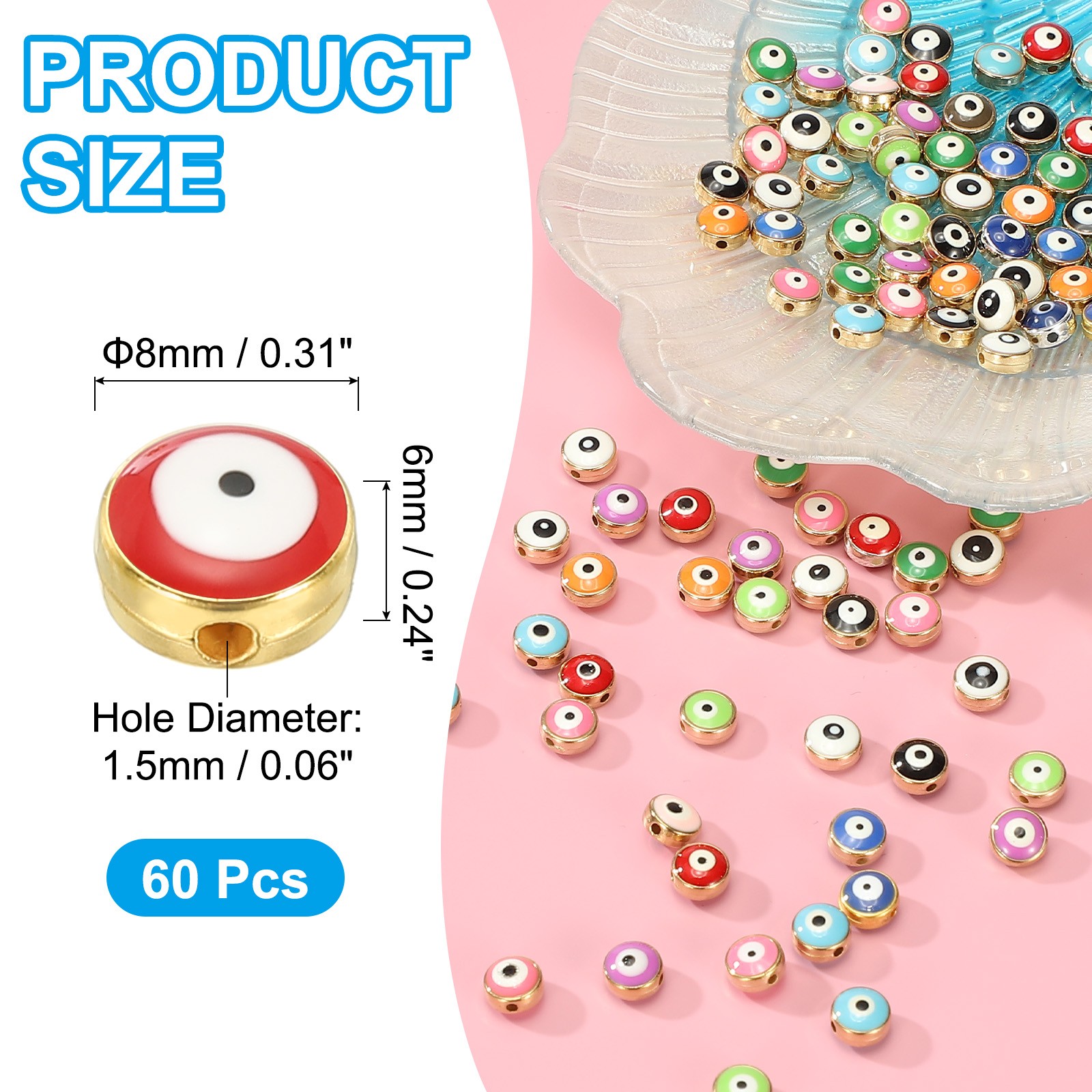 60 Pcs 8mm Flat Round Evil Eye Beads with Golden Edge, Red